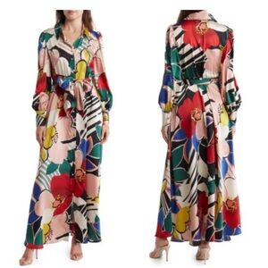 Red and Blue Long Sleeve Sundress with Notched Collar